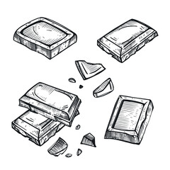 Set of vector illustrations. Chocolate bar, chocolate pieces and slices, crumbs, all objects are hand drawn in vector in dark gray. Suitable for printing on fabric, packaging of goods, products.