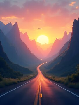 a road in the mountains with the sun setting. AI-Generated