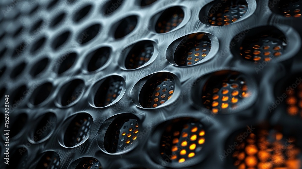 Aufkleber a close-up look at an abstract metallic surface, with evenly spaced circles glowing warmly, creating