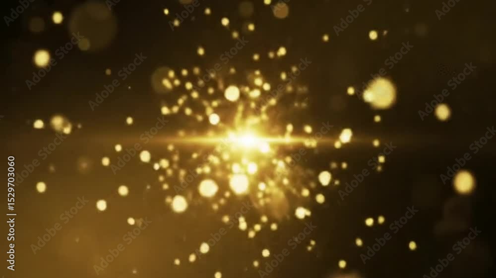 Poster golden light bursting with bokeh effect and sparkling particles in dark space