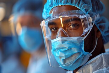 A dedicated healthcare worker, wearing a mask and face shield, provides care during challenging times. This powerful image highlights the commitment and safety measures in healthcare.