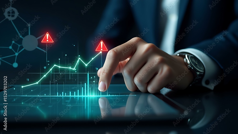 Poster a close-up of a male hand interacting with a digital graph, emphasizing data trends and warning indi