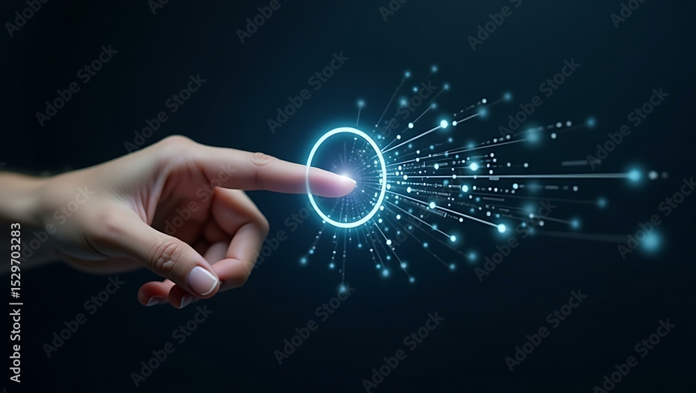 Aufkleber a close-up of a human hand reaching out to a glowing, futuristic circular interface, creating a sens