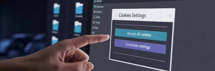 Hand pointing to cookies settings on a computer screen.