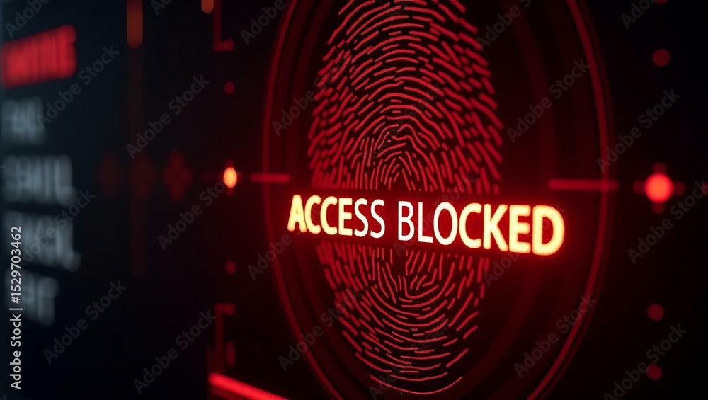 Poster a digital interface displays 'access blocked' in bright red, against a dark, tech-inspired backgroun