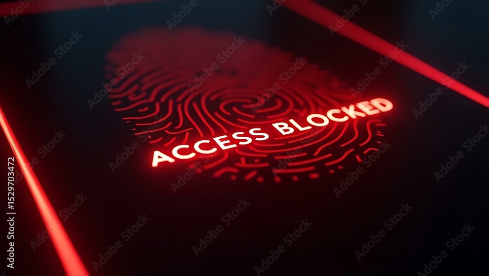 Poster a striking graphic featuring a fingerprint with the words 'access blocked' illuminated in red.