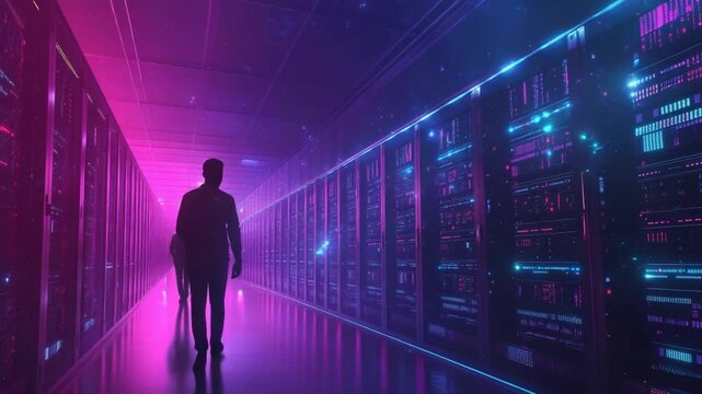 Futuristic Server Room Walkthrough: A Digital Journey Through Data Infrastructure - Powered by Adobe
