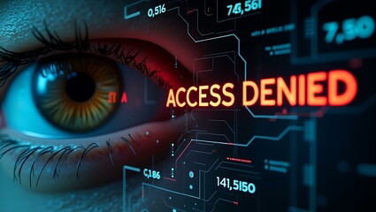 Close-up of a human eye with the words 'ACCESS DENIED' in red, surrounded by a digital interface, conveying a sense of security and technology.