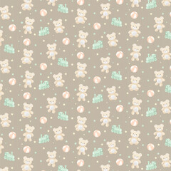 Teddy bears with trains and balls