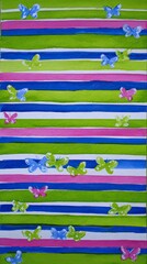 a pastel color theme, featuring horizontal stripes with butterflies on the side of each strip