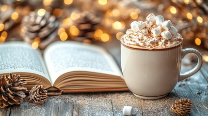 Fototapeta premium Open book beside warm cocoa drink
