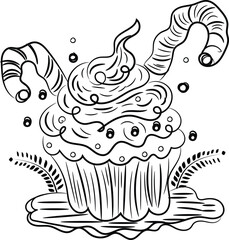 Whimsical Cupcake Illustration with Candy Canes and Sprinkles Perfect for Coloring Books and Sweet Treat Designs Black and White Line Art Style