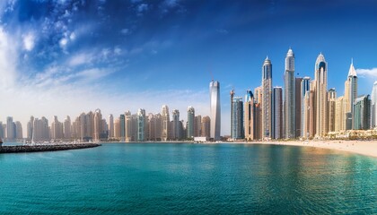 Naklejka premium jumeirah beach residence dominating dubai marina skyline on sunny day