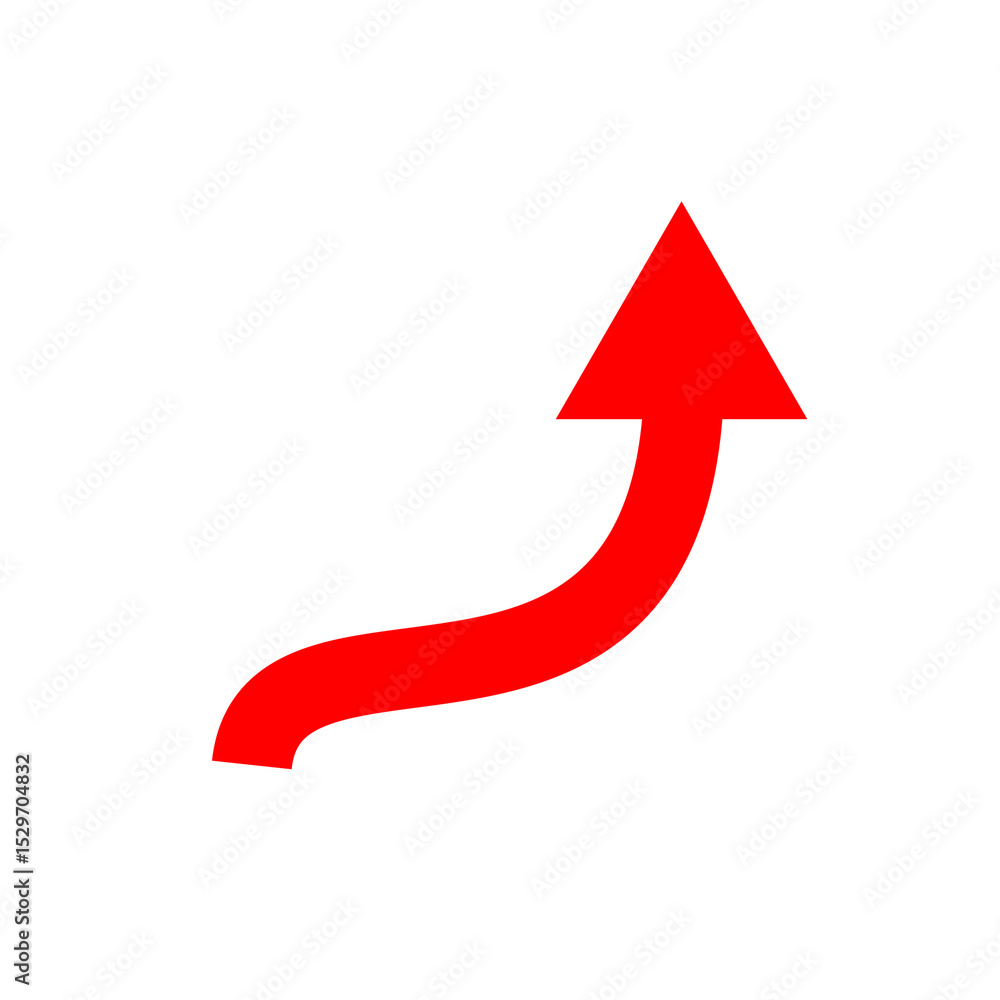 Poster red curved arrow pointing upward on white background, simple vector icon design for navigation, grow