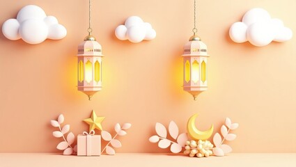 Glowing Lanterns and Gifts Beneath Dreamy Clouds and Crescent Moon