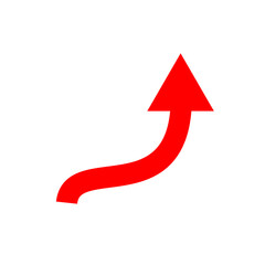 Red curved arrow pointing upward on white background, simple vector icon design for navigation, growth, progress and direction concepts