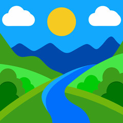 Fototapeta premium Minimalist green valley with river under blue sky variation vector illustration