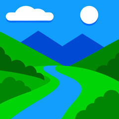Obraz premium Minimalist green valley with river under blue sky variation vector illustration