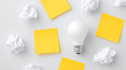 A creative composition captures a brilliant idea, represented by a glowing light bulb, surrounded by blank sticky notes and discarded paper, symbolizing the process of brainstorming and innovation.