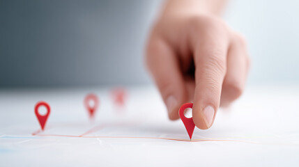 A hand placing a vibrant red pin on a detailed map, marking a precise location, symbolizing exploration, direction, and the journey of discovery.