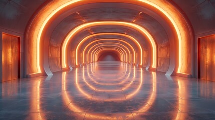A stunning futuristic hallway illuminated with glowing orange lights creates a mesmerizing ambience, showcasing modern architectural design and abstraction in a vibrant setting.