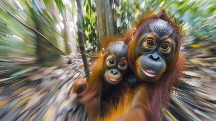 Obraz premium Two adorable baby orangutans embrace in a vibrant tropical landscape, showcasing their playful nature and the importance of wildlife conservation efforts in their habitat.