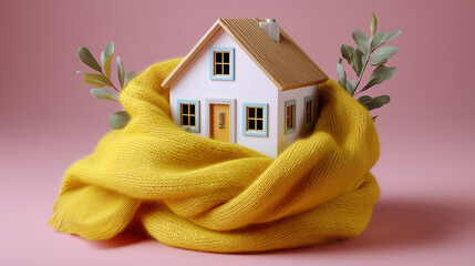A cozy miniature house is snugly wrapped in a warm, yellow scarf, evoking feelings of comfort and security. The house is adorned with small details, surrounded by gentle greenery.