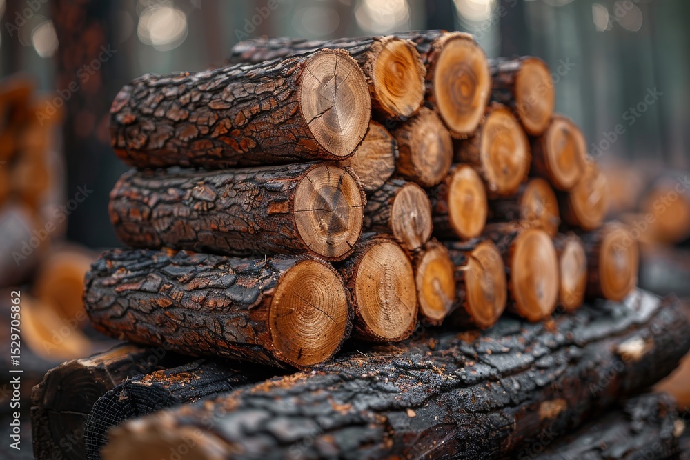 Poster the image showcases a neatly stacked pile of logs in a tranquil forest, emphasizing natural textures