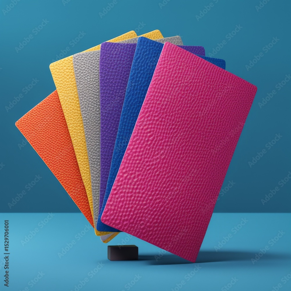 Poster stack of colorful paper on blue background, top viewstack view