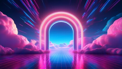 neon lit archway to dreamland surrounded by surreal pink and blue clouds in cyberpunk esque fantasy reflective dreamscape
