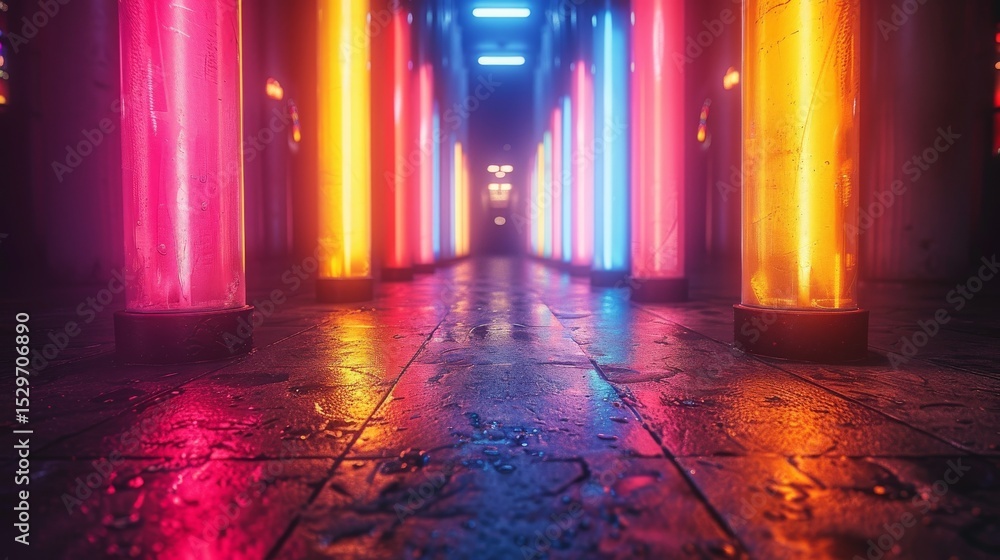 Aufkleber a mesmerizing neon-lit corridor filled with glowing colorful lights, creating a dynamic and futurist