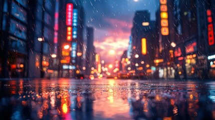Obraz premium Rainy city street at night, vibrant lights