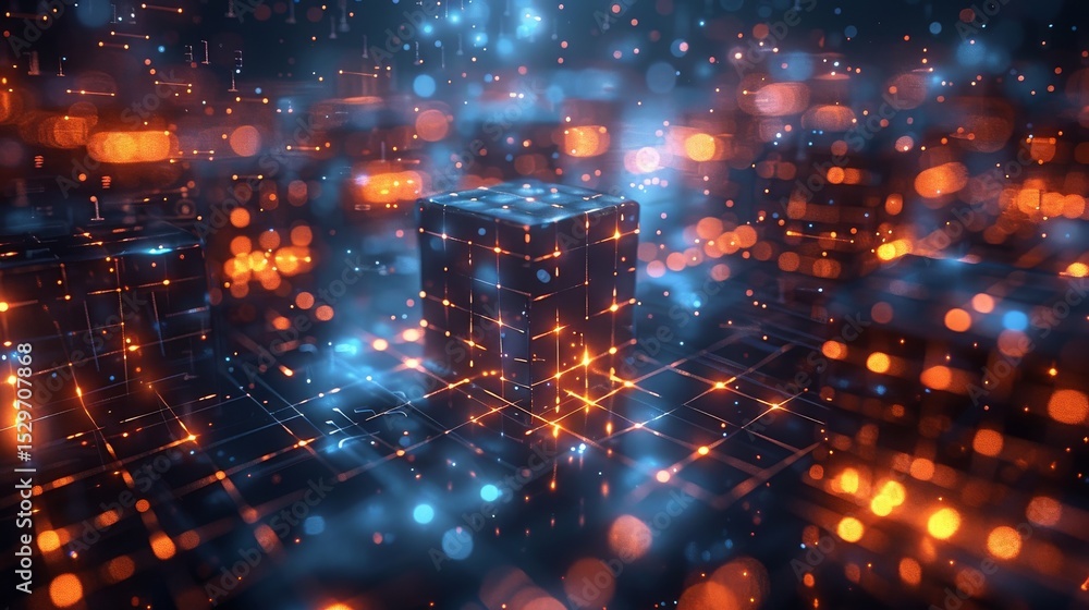 Aufkleber an abstract representation of advanced technology featuring glowing cubes and lights, symbolizing in