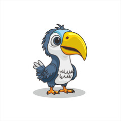 Cartoon-style toucan character with a large yellow beak, blue feathers, and white chest. This cheerful bird illustration is ideal for children’s books, tropical themes, and branding.
