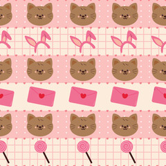 cute drawing cartoon cat and strawberry seamless pattern in stripe pattern design