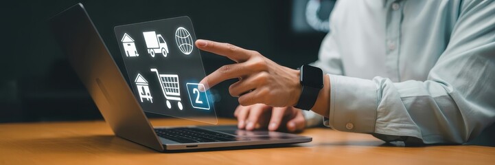Person interacting with a laptop displaying digital commerce icons.