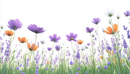Vibrant Watercolor Painting Of Purple Cosmos Flower, Cornflower, Violet Lavender, White And Orange Wildflower. Wildflowers In Meadow And Green Fields. Hand-Painted Floral Scenes In Spring Season.