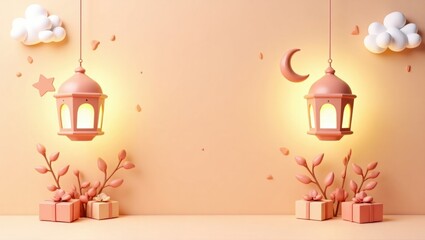 Glowing Lanterns and Gifts Beneath Dreamy Clouds and Crescent Moon