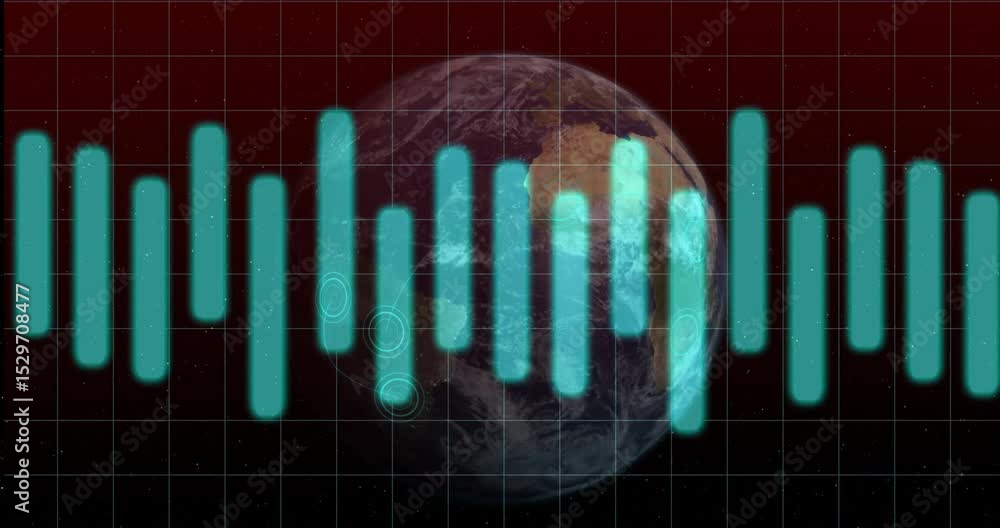 Poster at launch earth rotating over red grid with cyan bars appearing, pulsing, receding for data insight