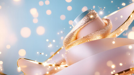 Abstract gold and white swirl with glitter, glowing bokeh lights, and blue background creates festive, luxurious, and elegant mood for celebration or holiday design