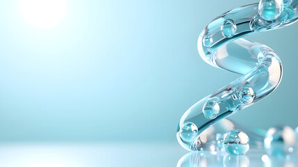 Transparent helix structure with water droplets, blue background, symbolizing science, innovation, and wellness, with clean and futuristic feeling