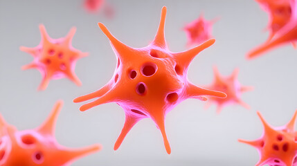 3D illustration of digital skin cell repair animation showing isometric view of vibrant pink and orange spiky cells, representing regeneration and healing process