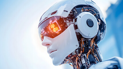Futuristic robot head with reflective visor, exposed wiring, and advanced technology, artificial intelligence concept, innovation and modern design