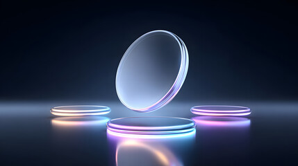 Futuristic cosmetic packaging levitating with glowing neon lights, transparent round containers on reflective surface, modern minimal design, high tech and elegant atmosphere