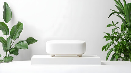 Minimalist white smart device on clean platform, surrounded by green indoor plants, modern technology, sleek design, home decor, peaceful atmosphere