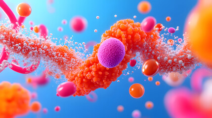 Colorful abstract 3D render of molecules and particles, featuring vibrant orange, pink, and purple spheres, representing scientific or medical concepts in dynamic, energetic style