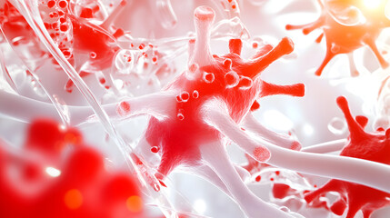 Red nanobots swarm around tissue cell structure, showcasing advanced medical technology and futuristic healthcare innovation in bright, dynamic environment