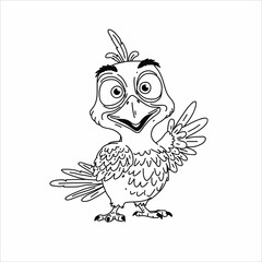 Playful cartoon bird with expressive eyes and detailed feathers, waving with a cheerful gesture. Ideal for coloring pages, storybooks, and kids' designs.