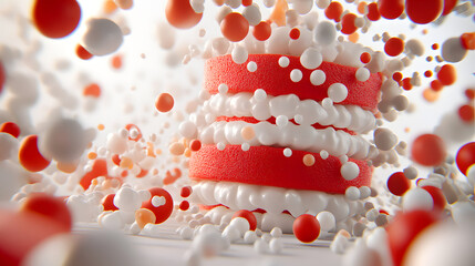 Red and white molecular structure with layered texture, surrounded by floating spheres, abstract science background, energetic and dynamic composition