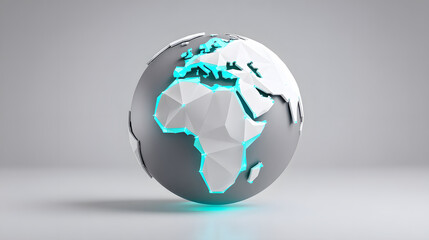 Geometric globe mesh sphere glowing blue node connections abstract world map modern digital style Africa and Europe focus futuristic 3D render semitransparent technology concept